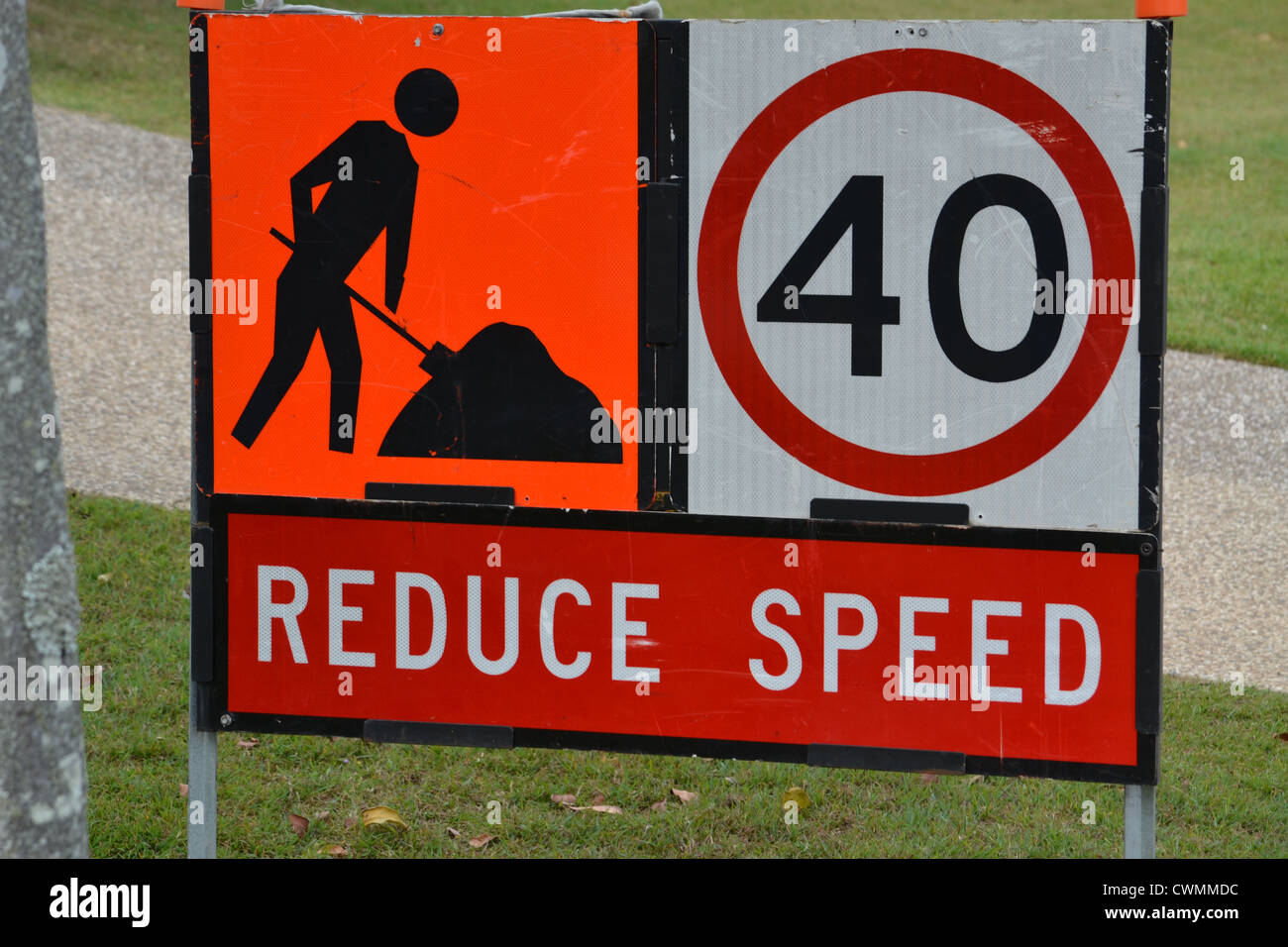 Construction ahead, reduce speed to 40kmph sign Stock Photo 50242232