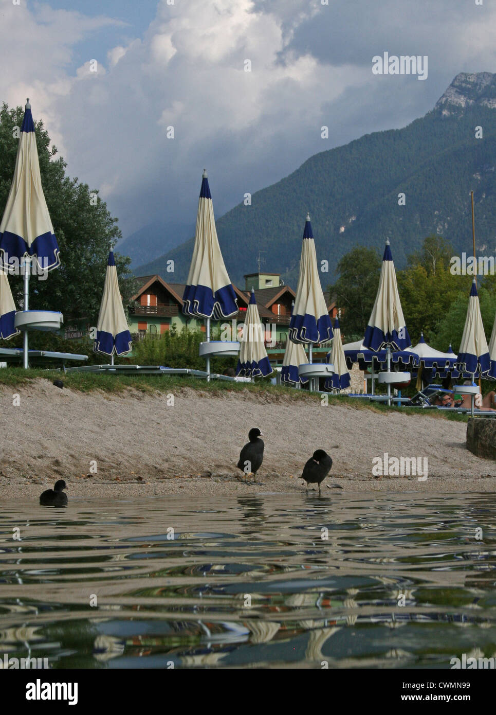 Beach on Lake Levico, at Camping Levico, Trentino, Italy Stock Photo