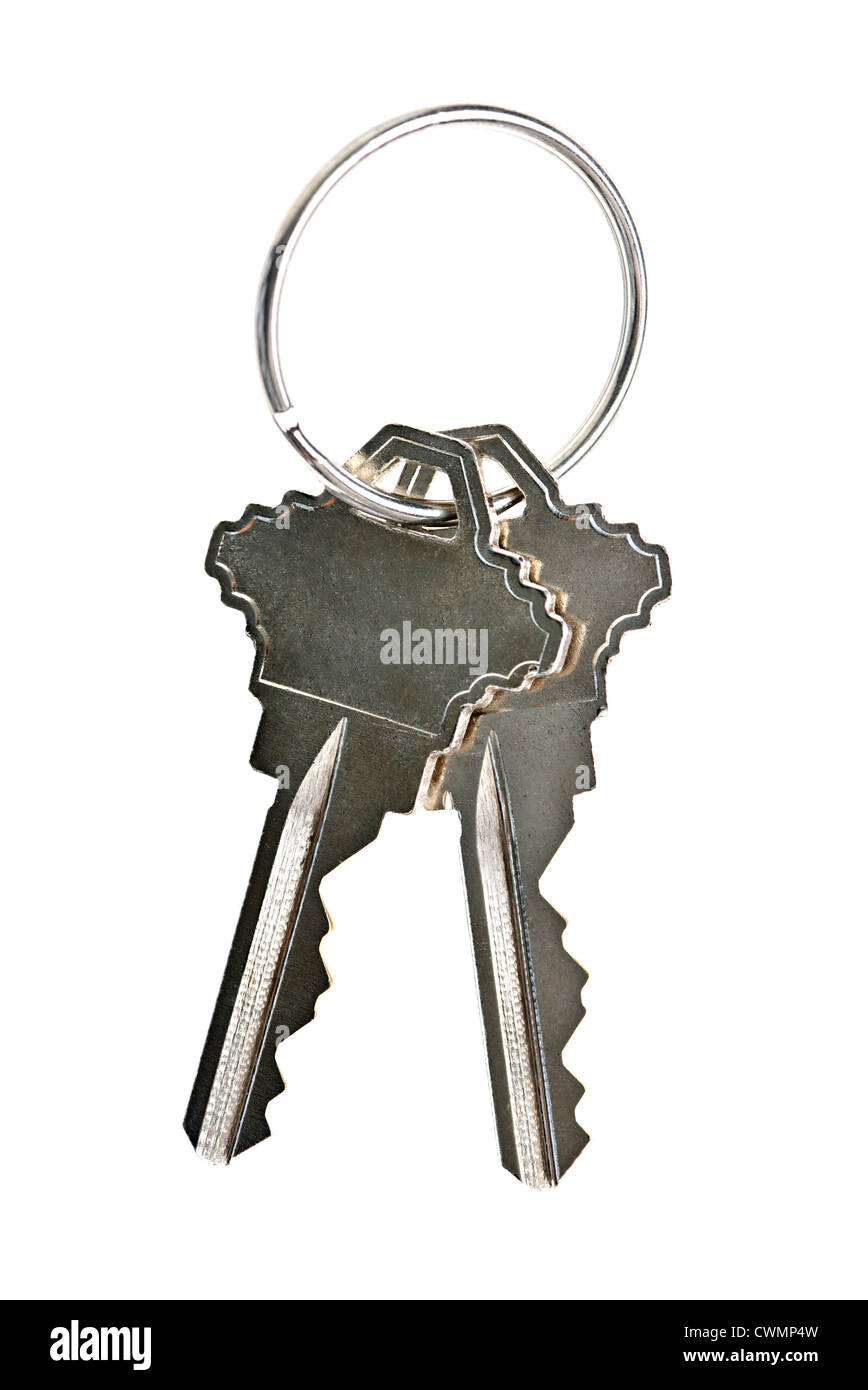 Two house keys on keyring isolated over white background Stock Photo