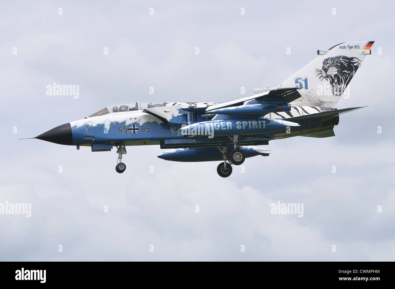 Panavia Tornado IDS in Arctic Tiger 2012 markings, operated by the German Air Force, on approach for landing at RAF Fairford Stock Photo
