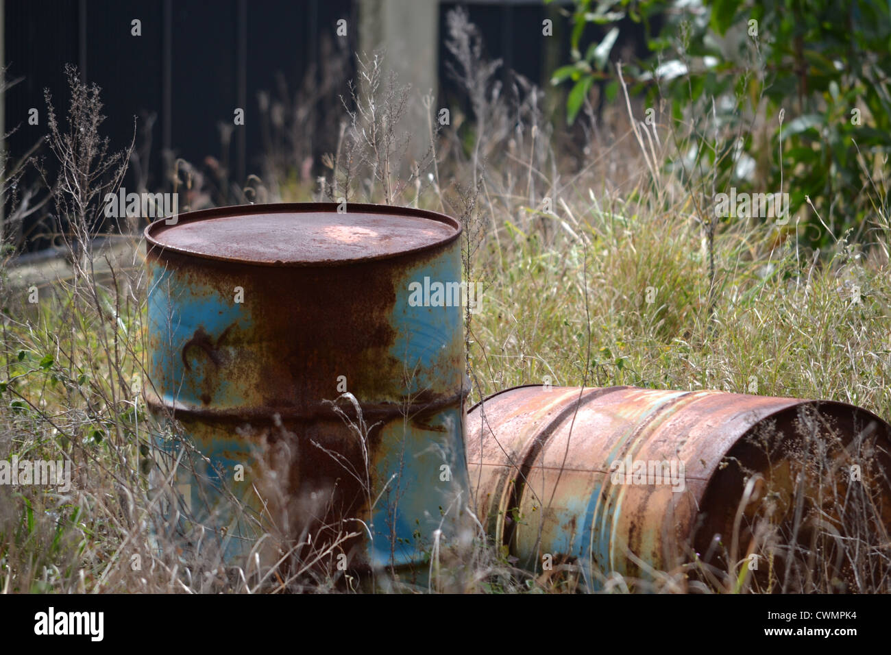 Two old rusty barrels in the bush Stock Photo