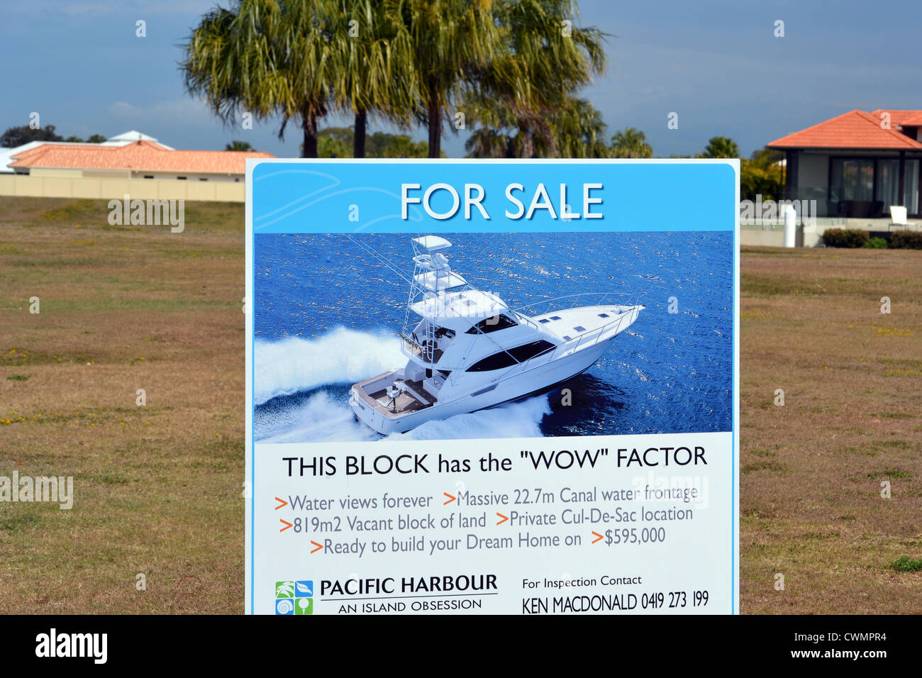 canal block of land for sale sign Banksia Beach, Queenslandm Australia Stock Photo