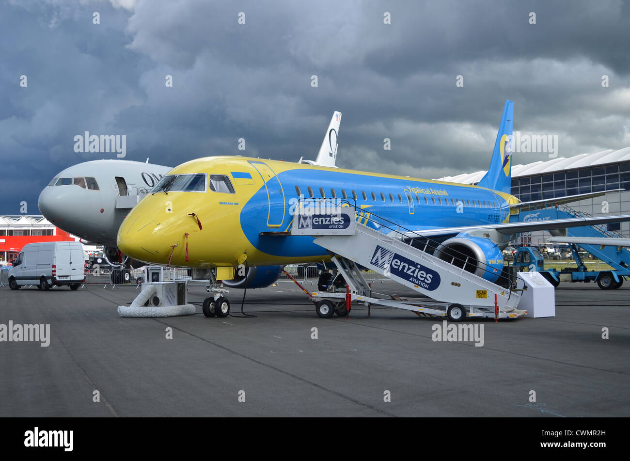Embraer ERJ-190-100 in the colours of Aerosvit Ukrainian Airlines on display at Farnborough International Airshow 2012 Stock Photo