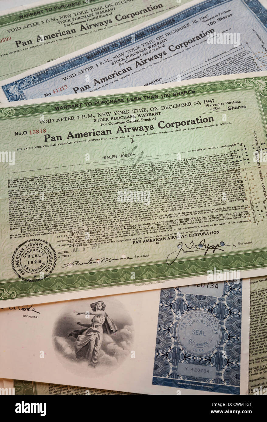 Pan American World Airways Stock Certificate, USA Stock Photo