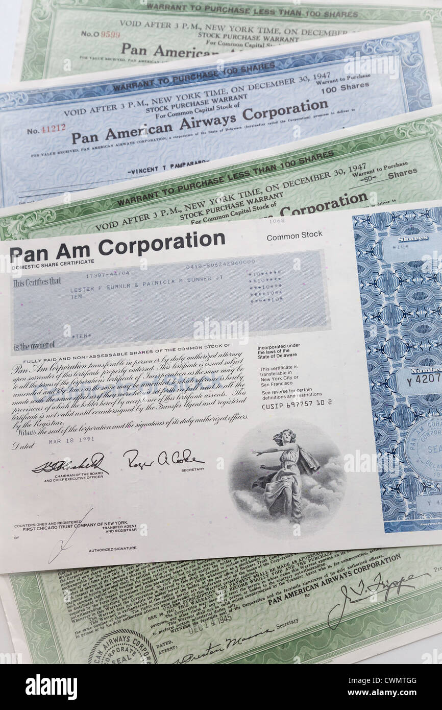Pan American World Airways Stock Certificate, USA Stock Photo