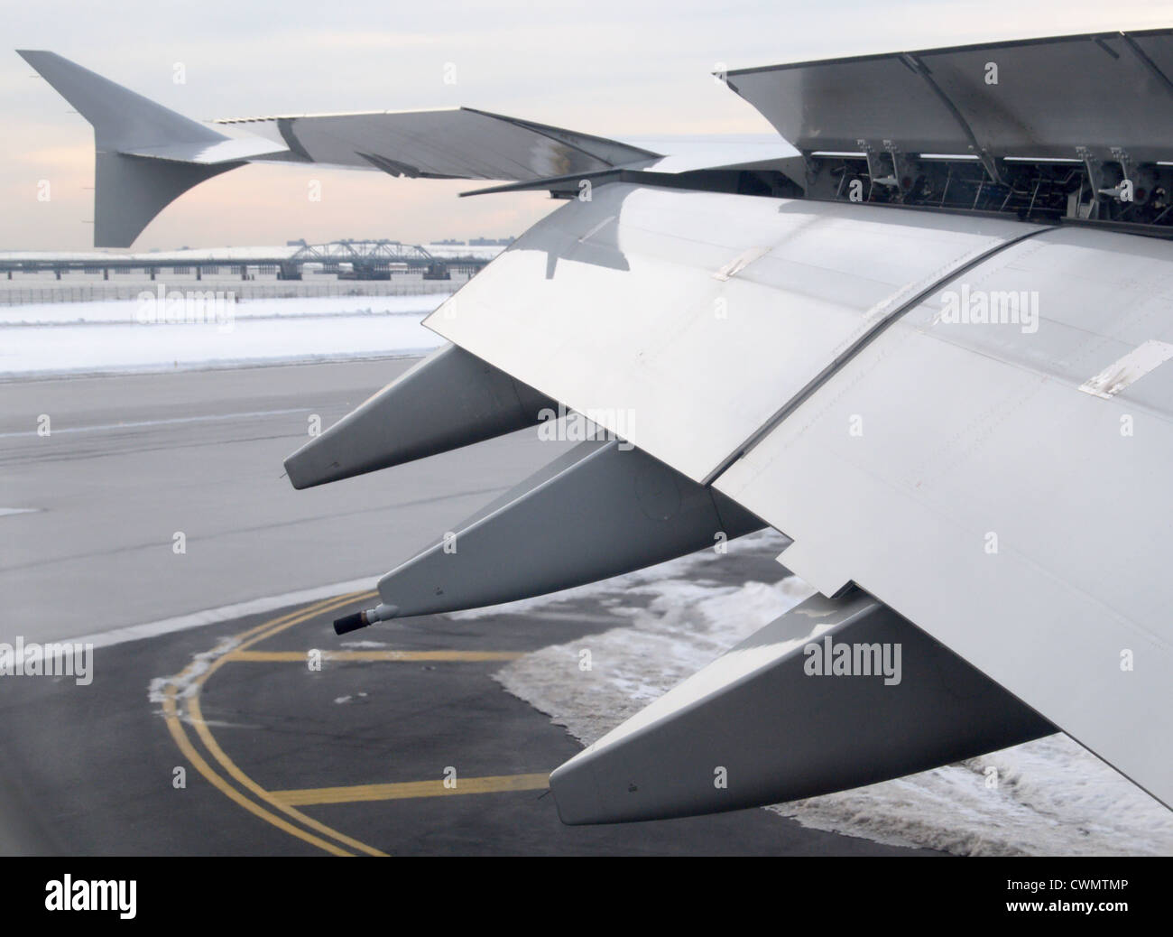 The Wing And Flaps of Airbus A380 (shortly after landing) Stock Photo