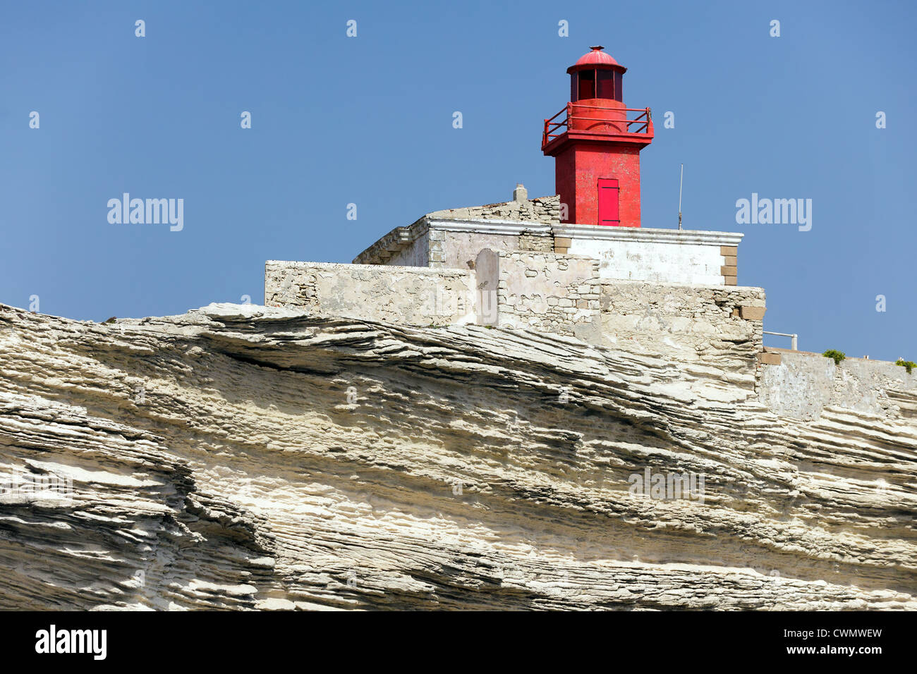 Madonetta lighthouse on limestone cliff, Corsica island, France Stock Photo