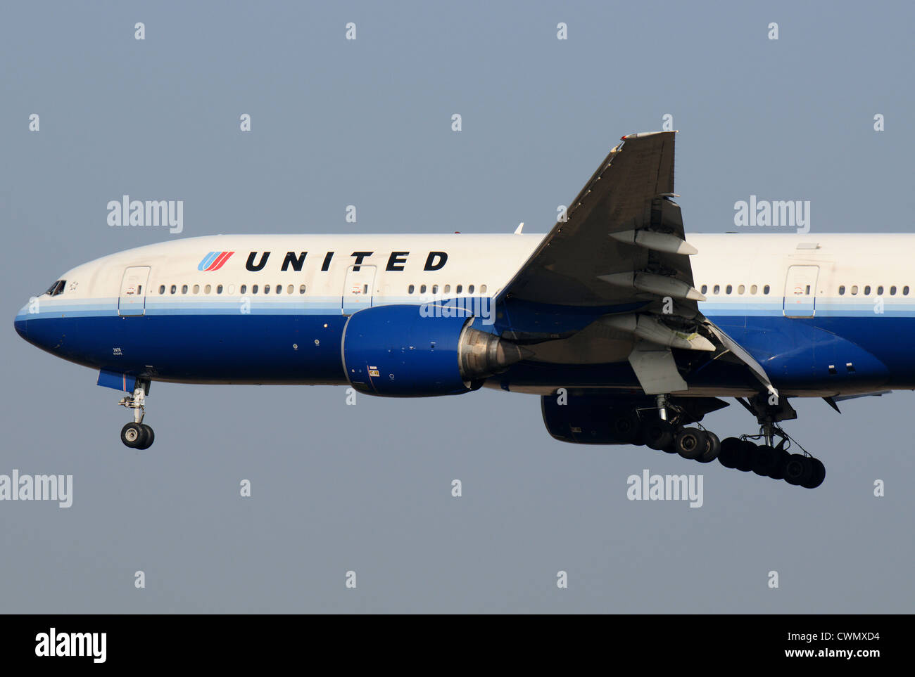 A Close up of a Boeing 777 of United Airlines During Landing Stock Photo