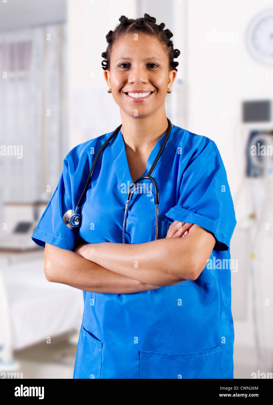 young happy african american nurse in hospital Stock Photo