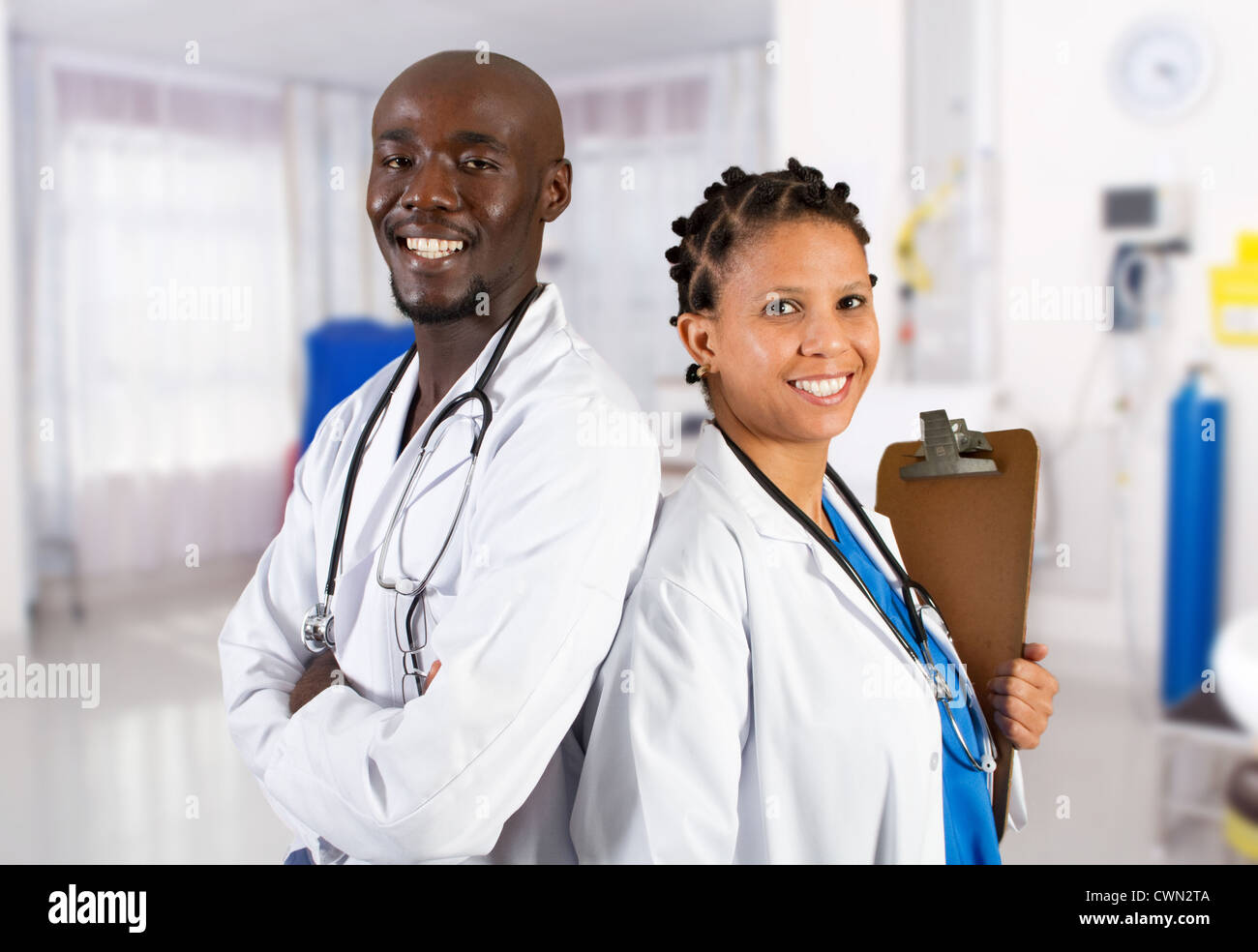 happy african american medical professionals in hospital ward Stock Photo