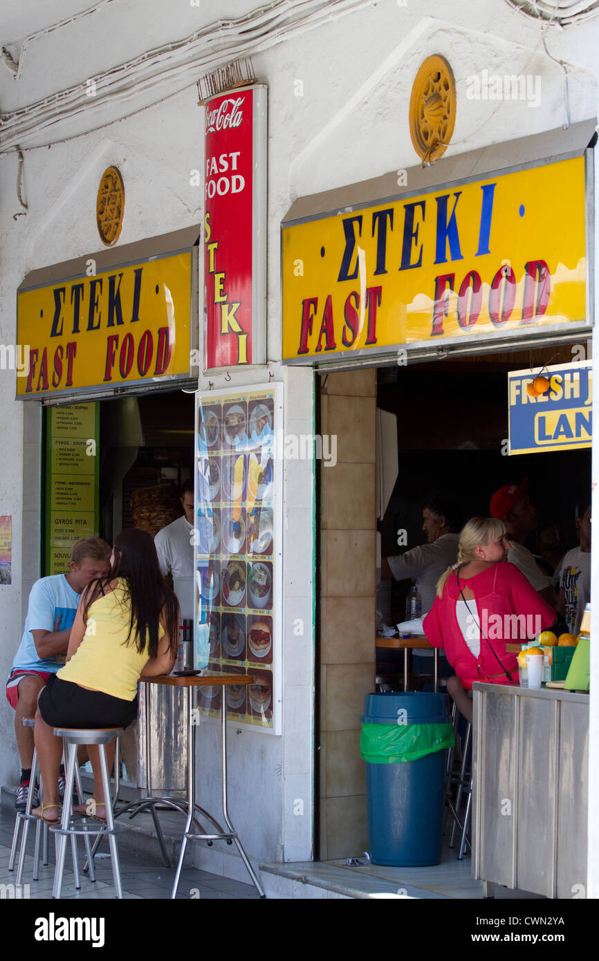 Fast food outlet in Rhodes town, Greece, Aegean, Mediterranean Stock