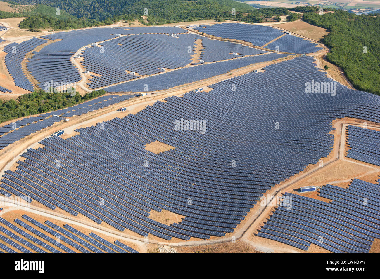 AERIAL VIEW. La Colle des Mées Solar Farm. Alpes-de-Haute-Provence, Provence, France. Stock Photo
