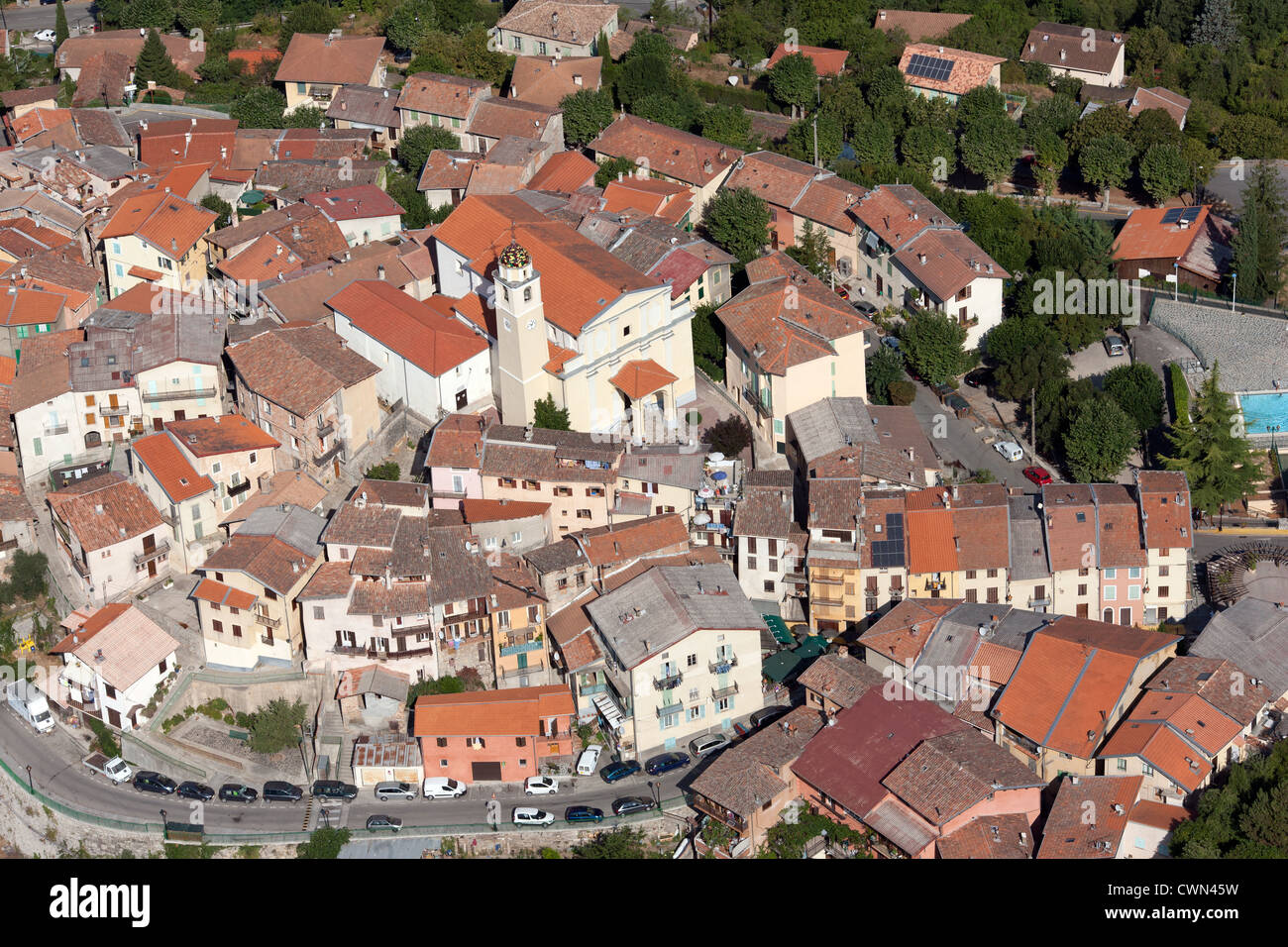 AERIAL VIEW. Hilltop medieval village. La Bollène-Vésubie, Alpes-Maritimes, French Riviera's backcountry, France. Stock Photo