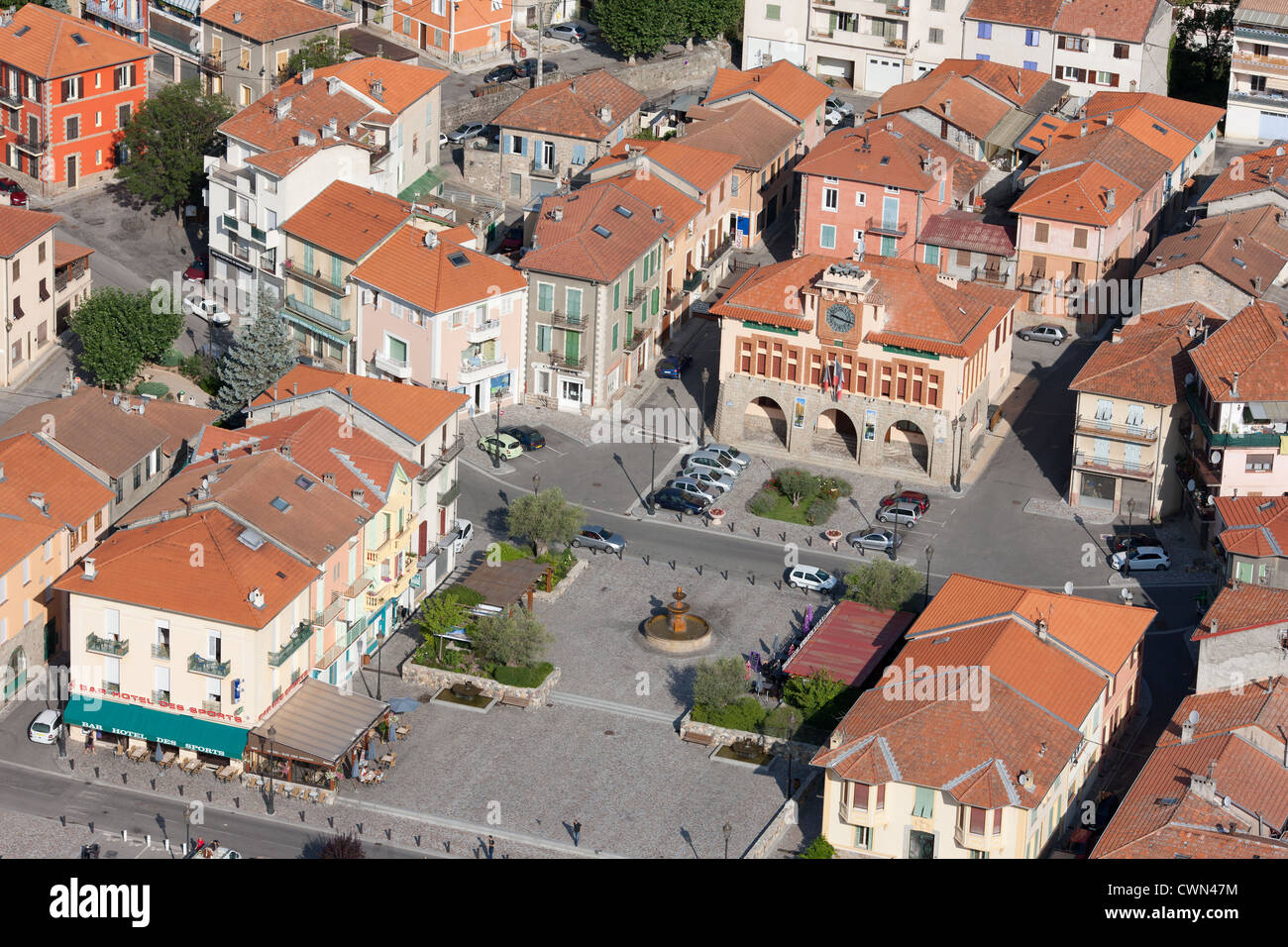 AERIAL VIEW. City Hall of Roquebillière. Vésubie Valley, French Riviera's backcountry, France. Stock Photo