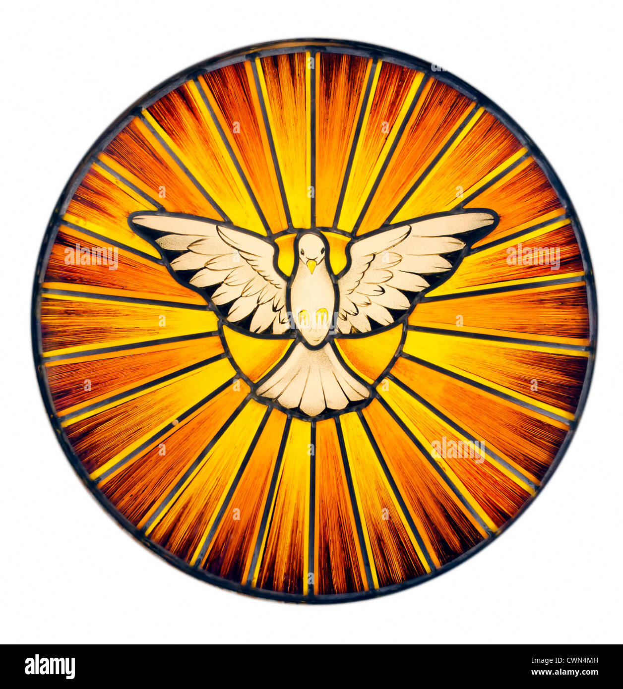 Stained glass depicting the symbol of the Holy Spirit Stock Photo