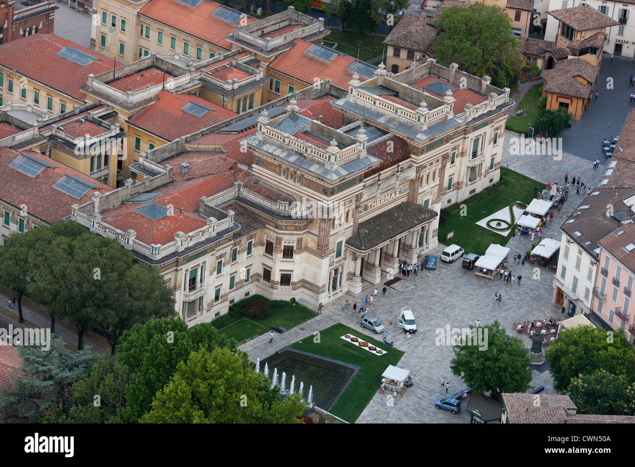AERIAL VIEW. Berzieri Thermal Baths. Salsomaggiore terme, Province of Parma, Emilia-Romagna, Italy. Stock Photo