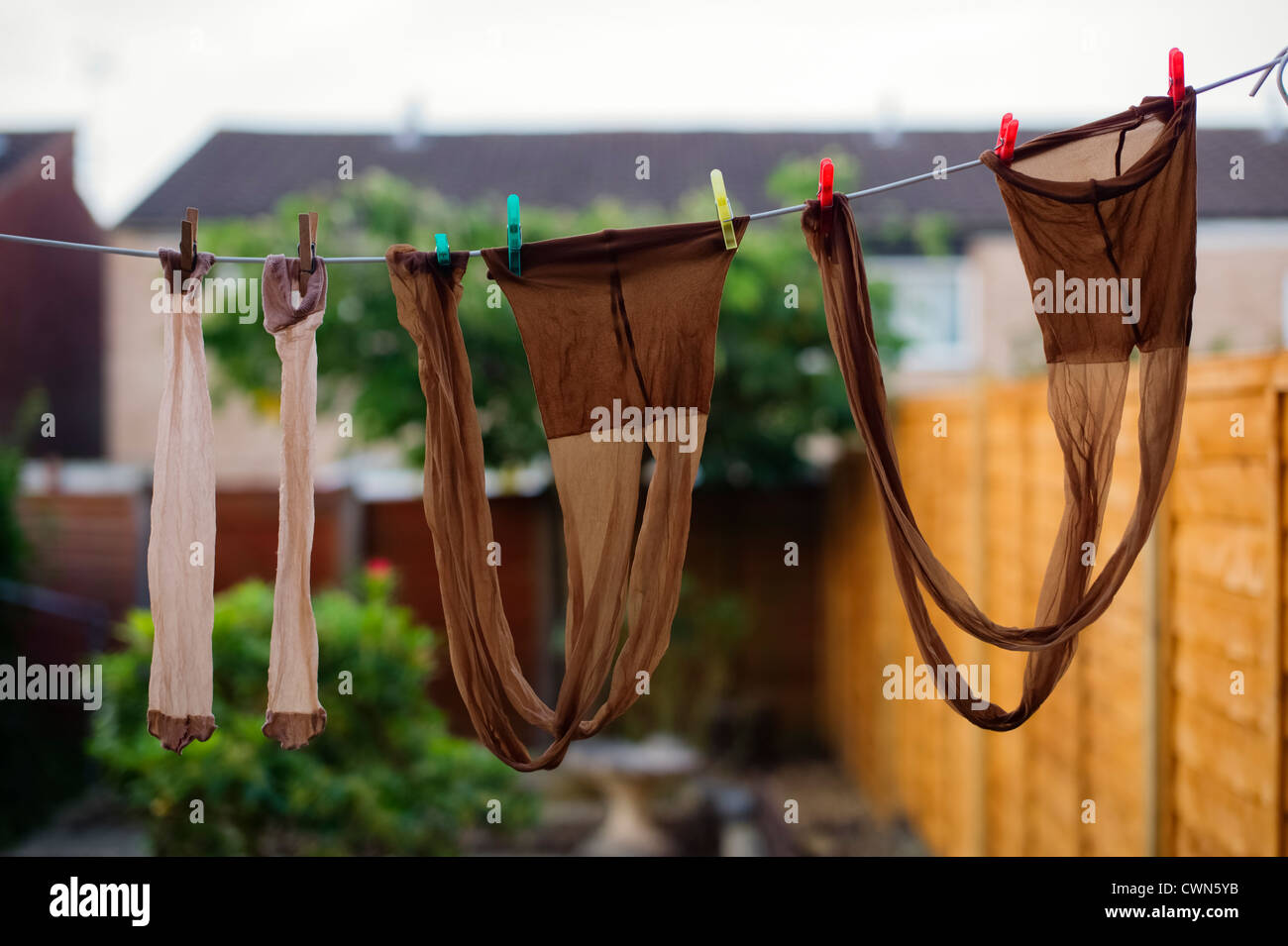Tights on a washing line Birmingham UK Stock Photo Alamy