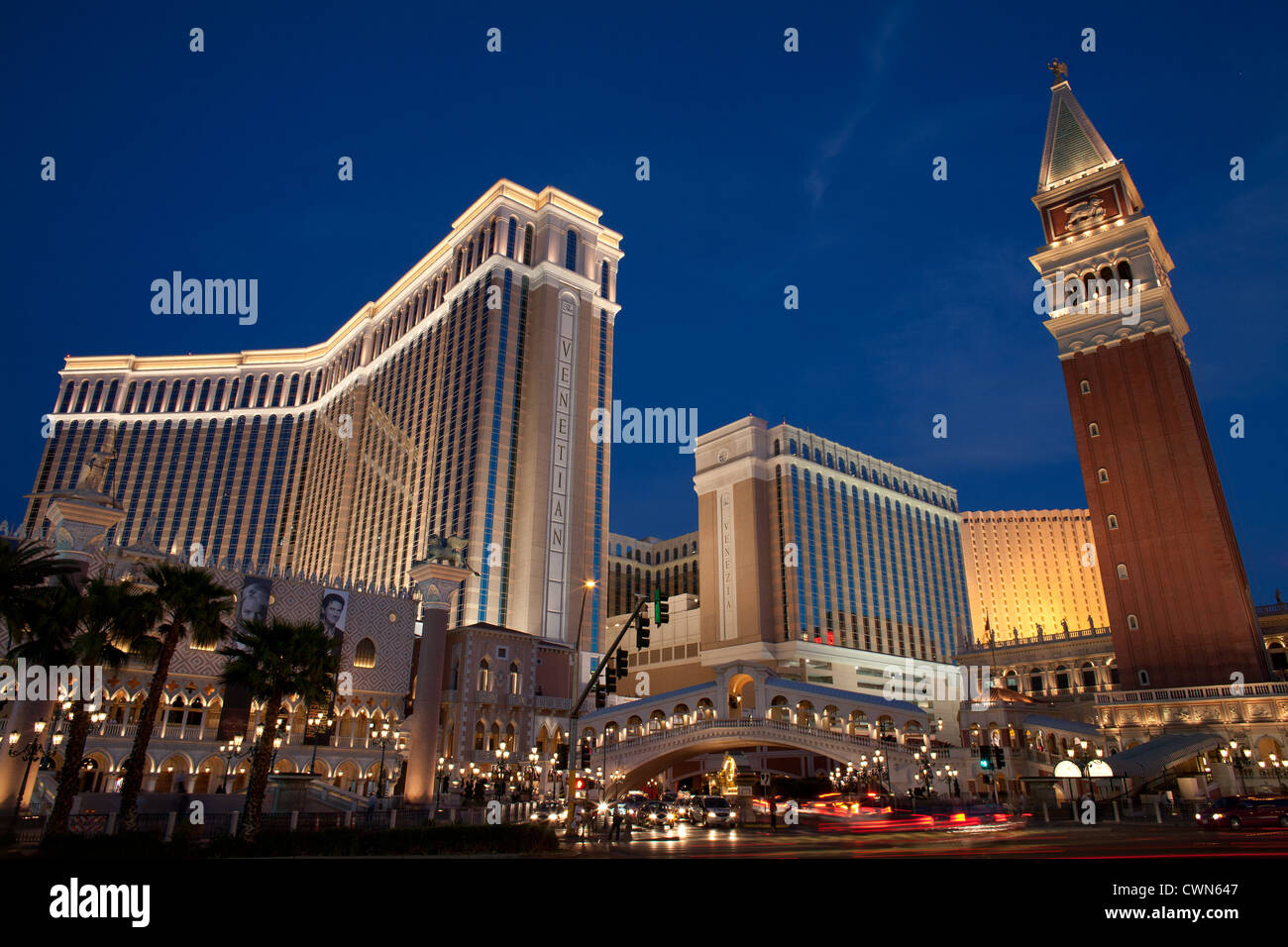 Venetian Hotel and Casino in the twilight. Unincorporated town of Paradise. Las Vegas, Clark County, Nevada, USA. Stock Photo