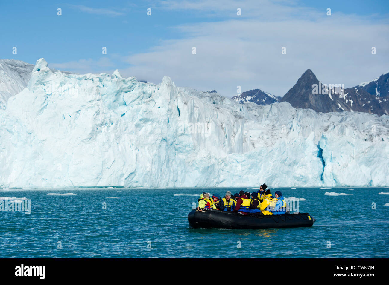 Zodiac cruise at Lilliehoek Glacier, Spitsbergen, Svalbard, Arctic Stock Photo