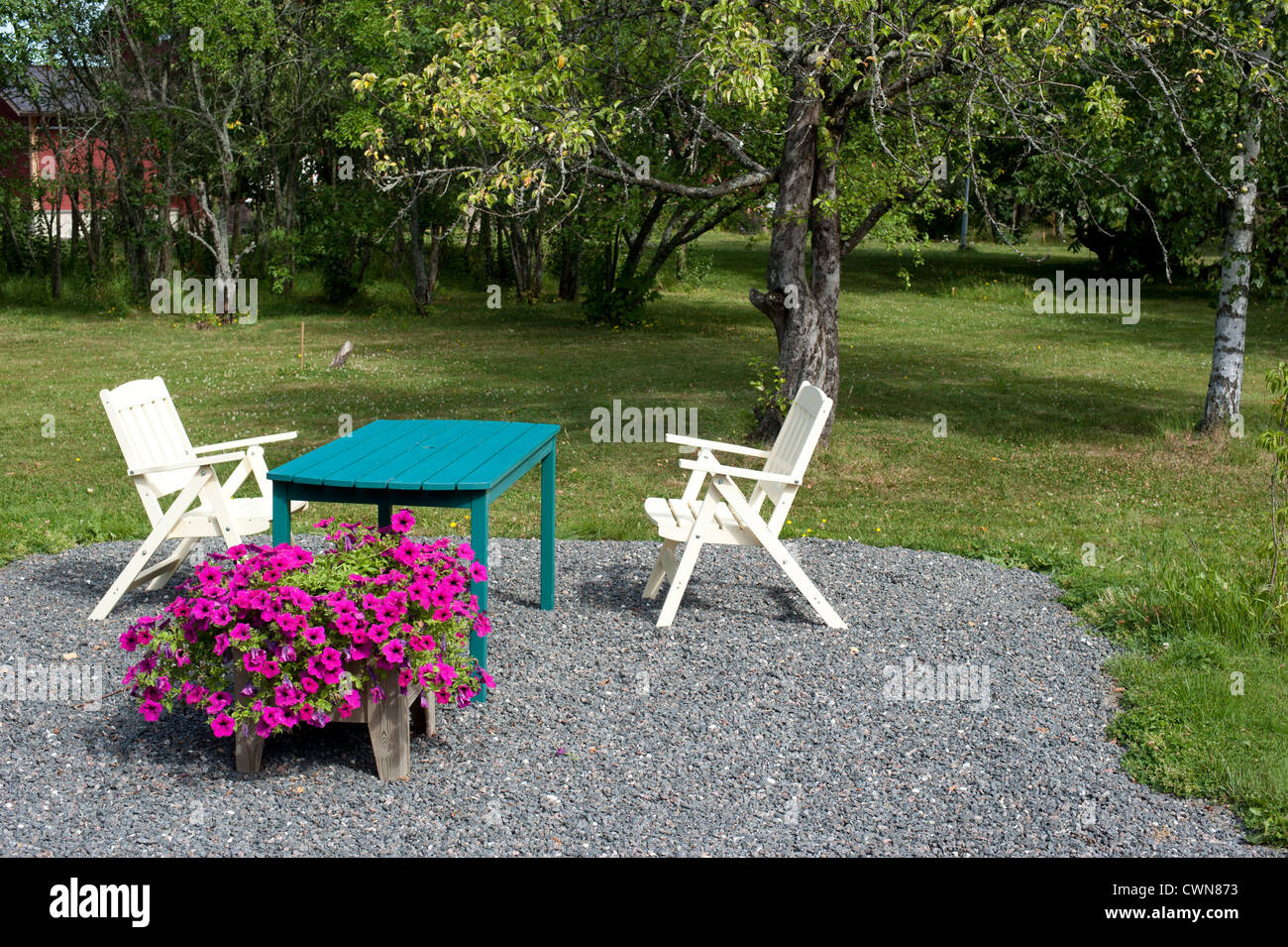 Two chairs and a table in front of a tree in a garden in the summer ...