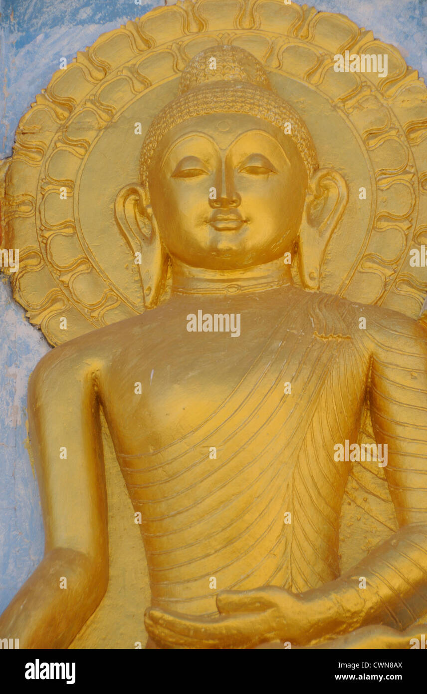 Golden Buddha at the Shanti Stupa. Stock Photo