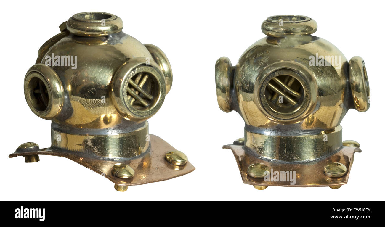 Brass deep sea diving helmet for diving protection gear - path included Stock Photo