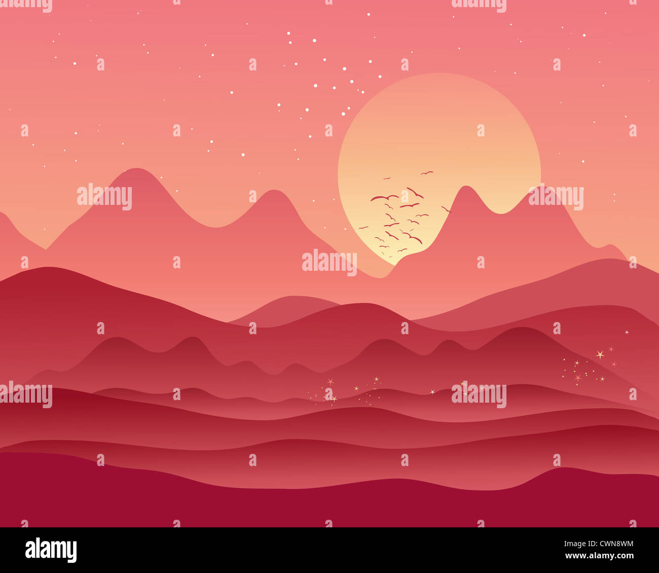 an illustration of a beautiful sunset landscape in a mountain landscape ...