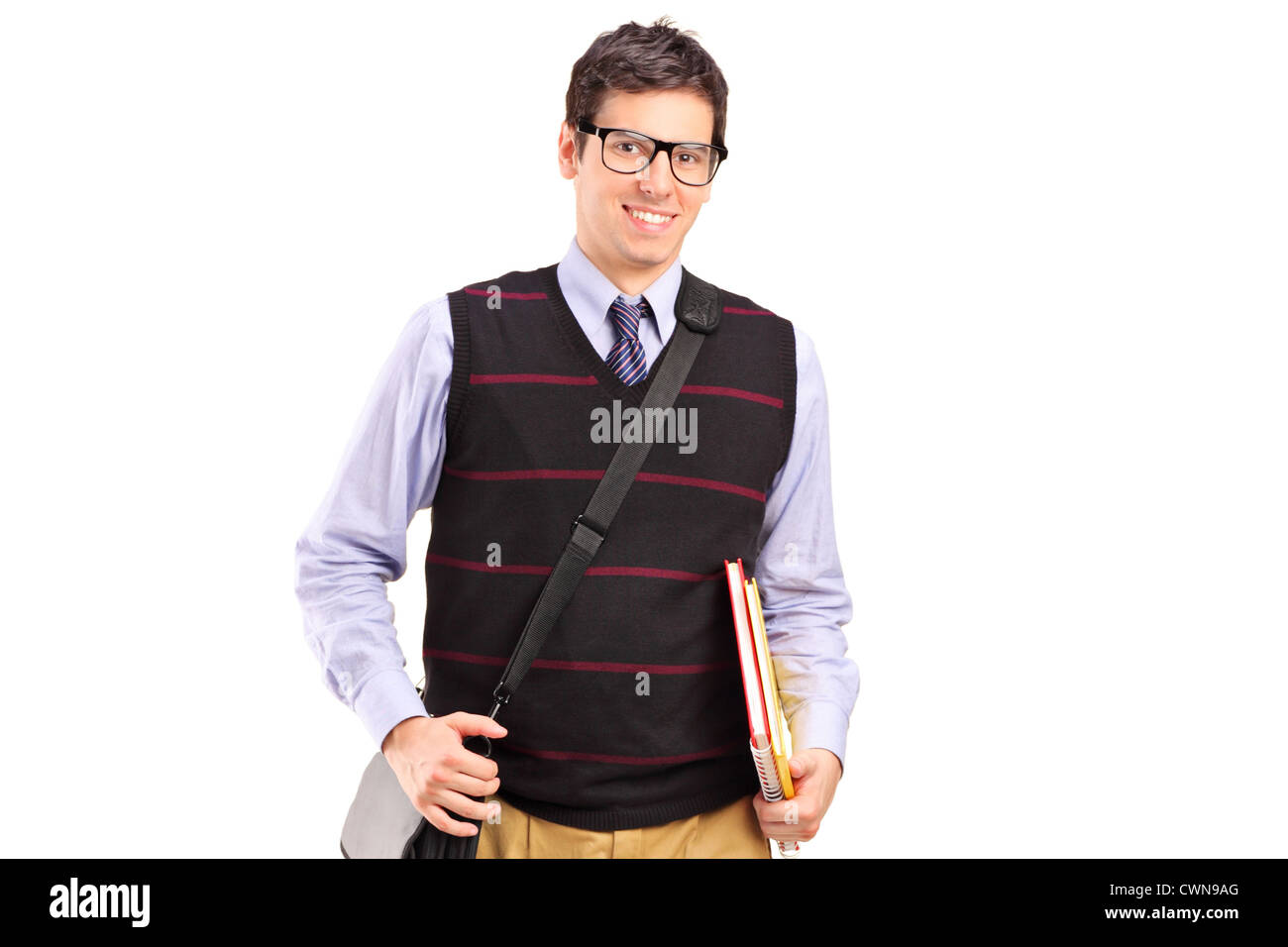 A student with notebooks in his hand isolated on white background Stock ...