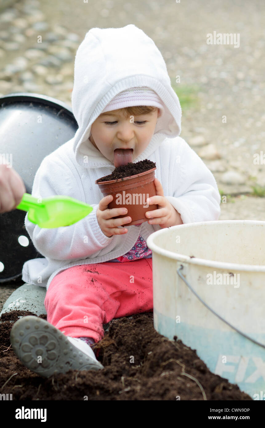 Little girl licking dirt in a plant pot Stock Photo - Alamy