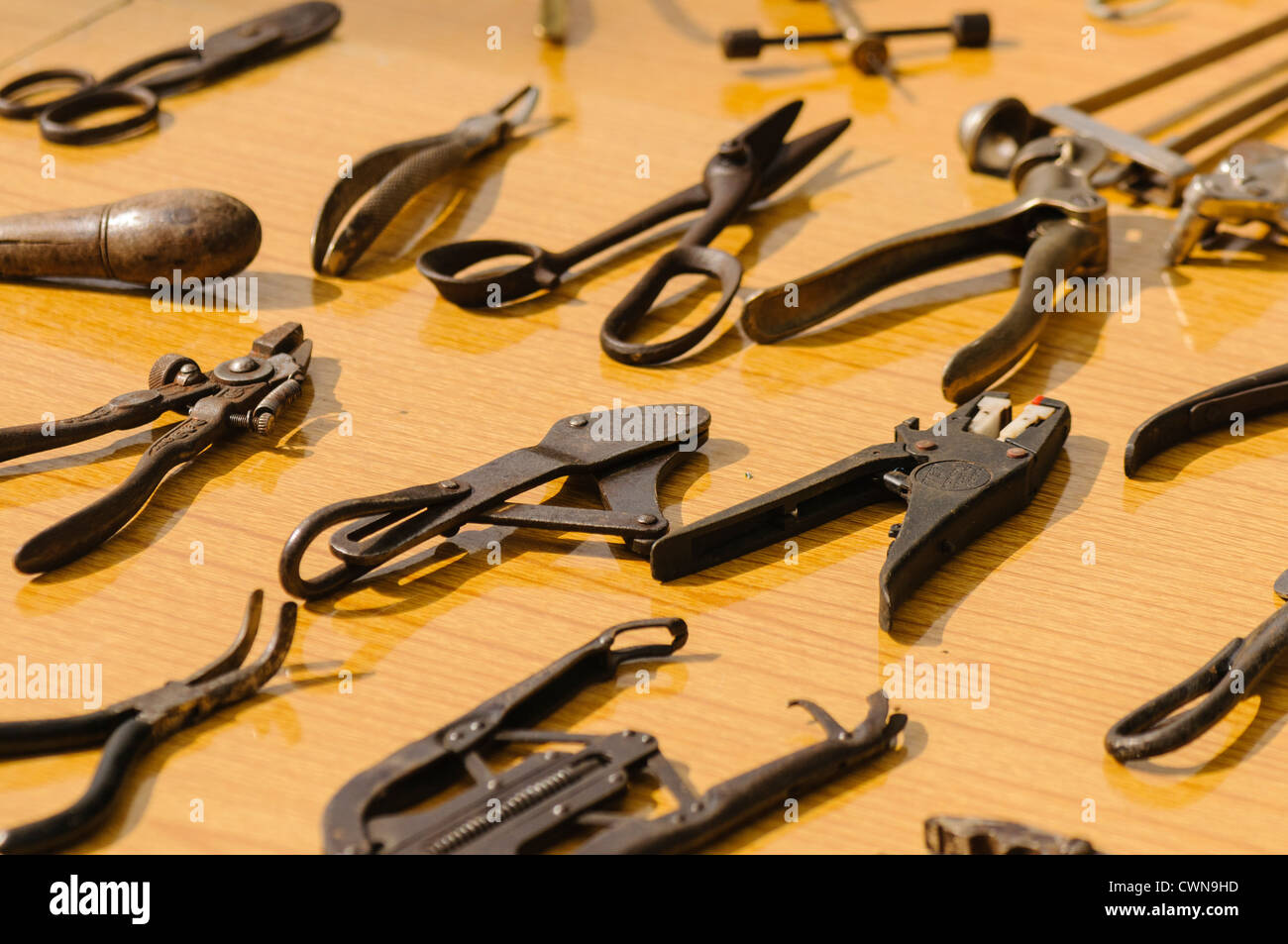 Collection of vintage engineering hand tools including pliers, shears and hole punches Stock Photo