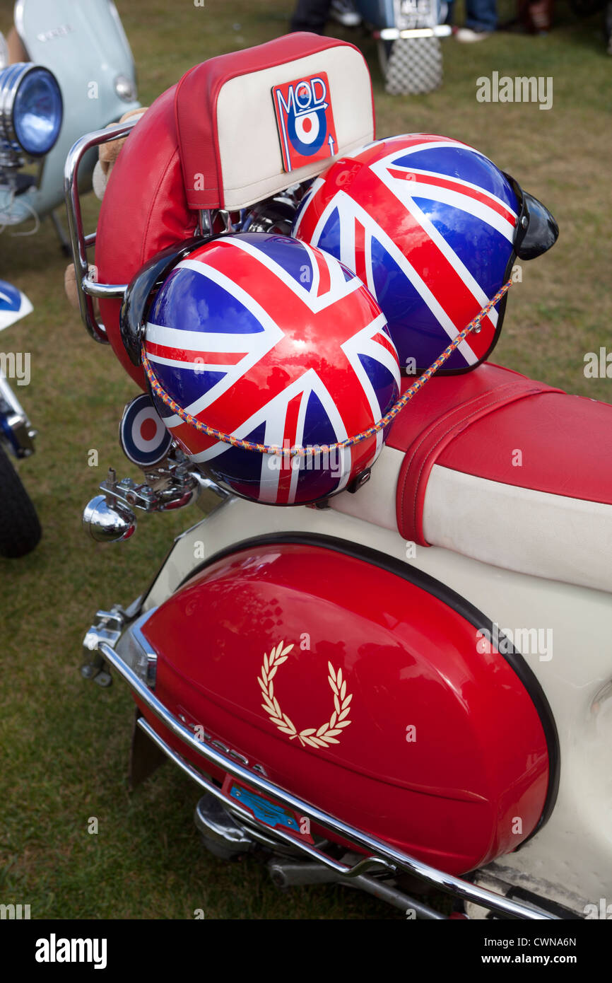 Classic Vespa Scooter with Union Jack helmets Stock Photo Alamy