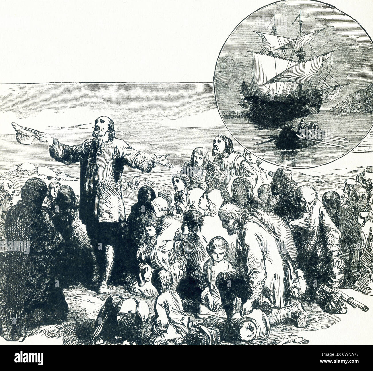 The Pilgrim Fathers land in Plymouth,and give thanks. In the inset circle is the ship on which they sailed— Mayflower. Stock Photo