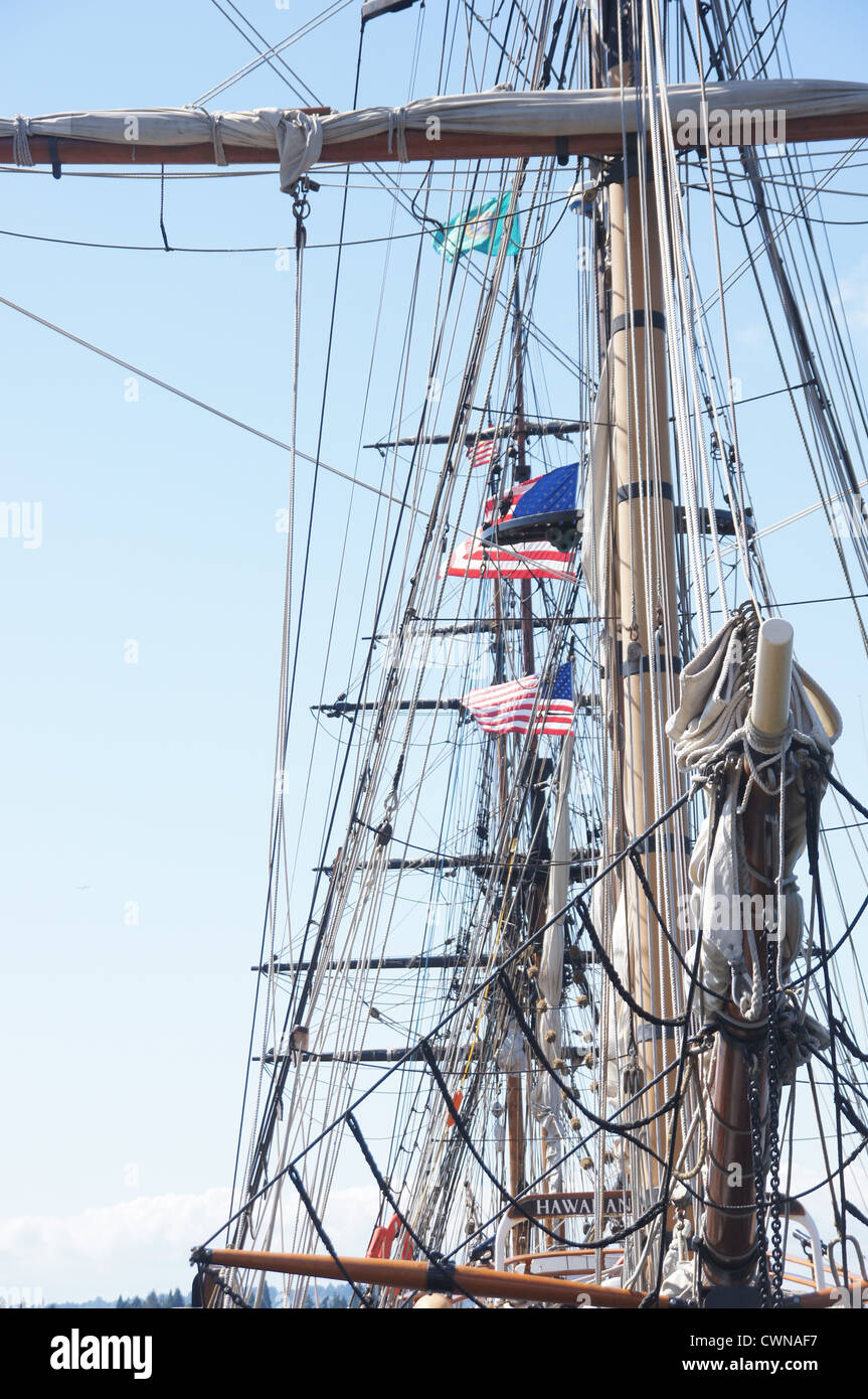 Mast, yardarms, rigging and sails of tall ship near Kirkland