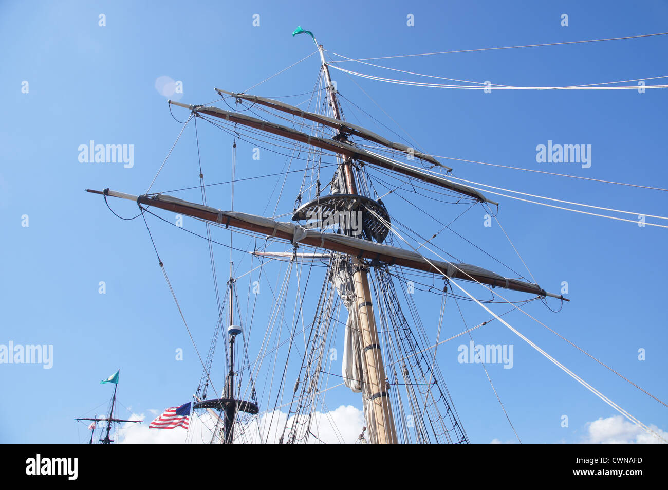 Mast, yardarms, rigging and sails of tall ship near Kirkland
