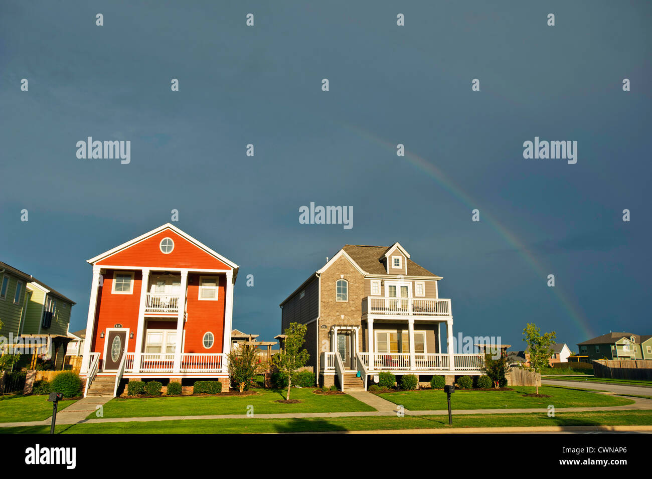 A row of colorful suburban homes in Fayetteville, Arkansas Stock Photo