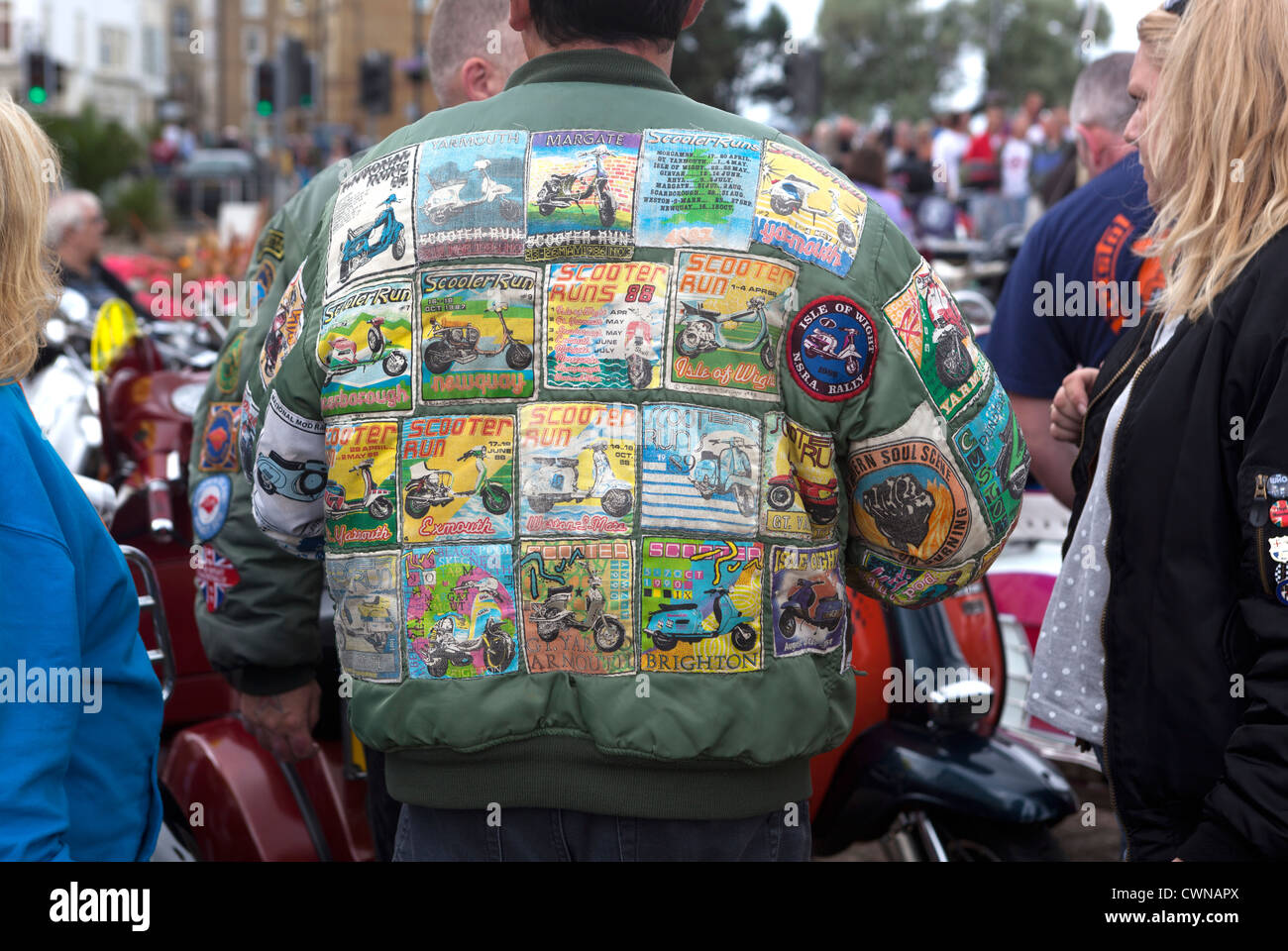 Jacket with Souvenir Rally Patches at the International Scooter Rally Isle  of Wight England UK Stock Photo - Alamy