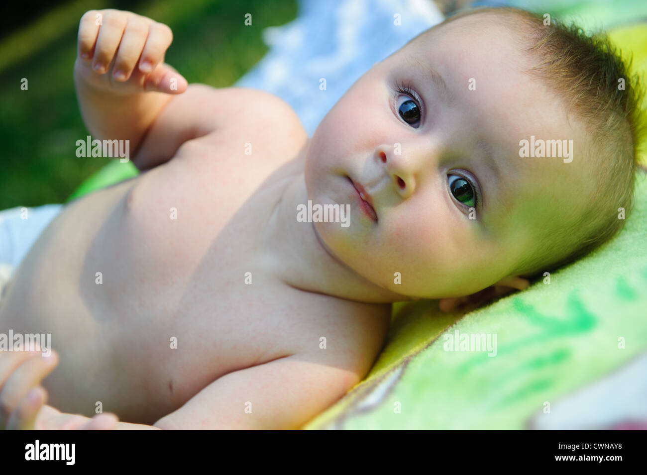 Cute little boy lying outdoors in the park Stock Photo Alamy