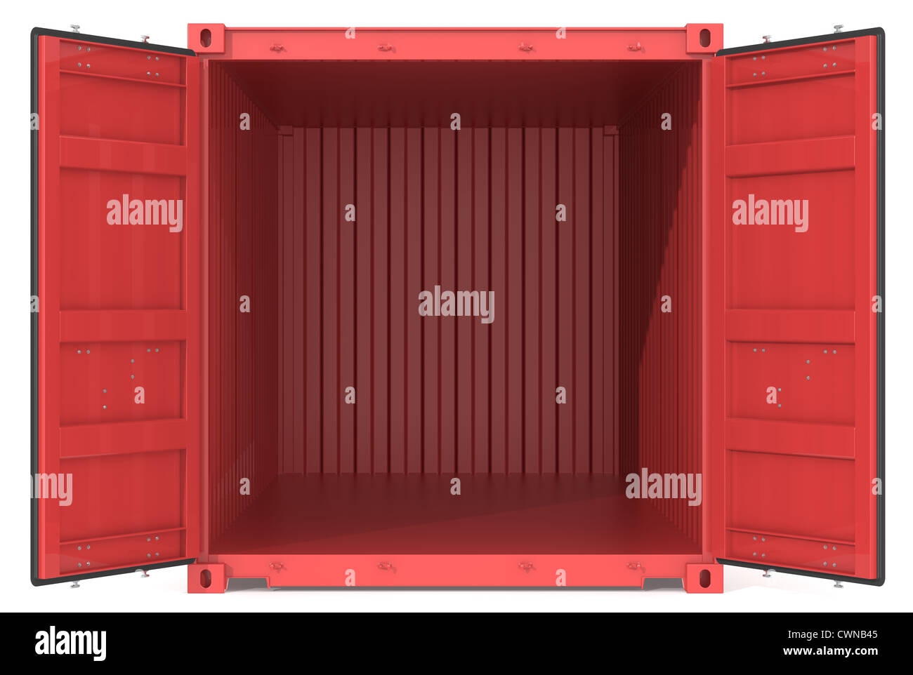 Red Cargo Container. Open Doors. Front view. Stock Photo