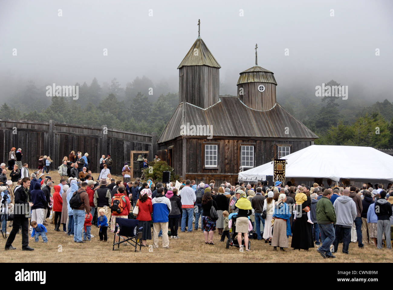 Russian Orthodox Church Bicentennial Celebration at Fort Ross State Historic Park in California. Holy Trinity Chapel. Stock Photo