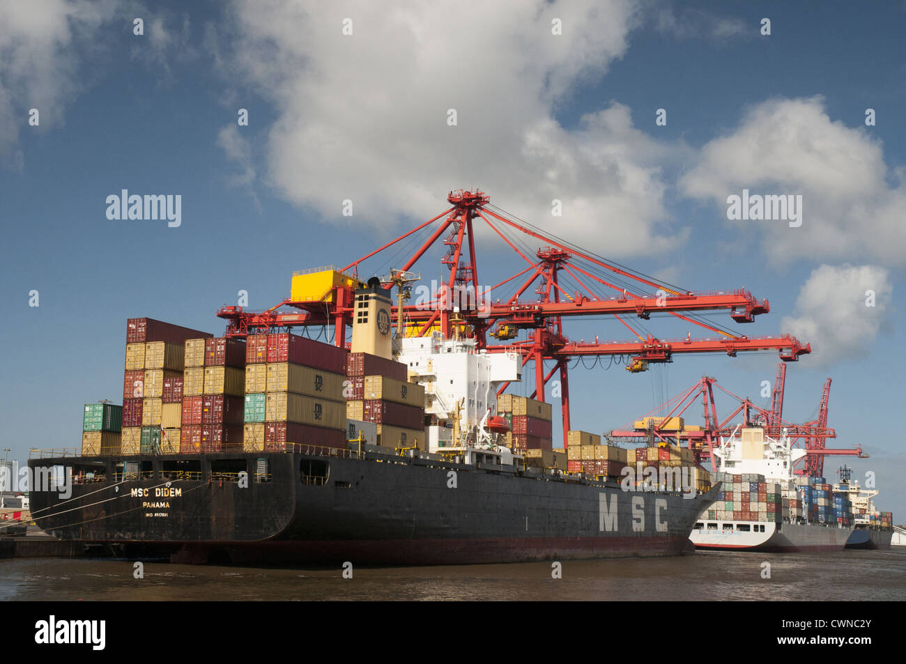 Cranes and gantries load and unload container ships in the Port of ...