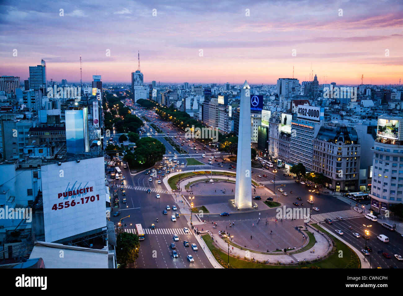 View over Avenida 9 Julio and the obelisk in Plaza Republica, Buenos Aires, Argentina. Stock Photo