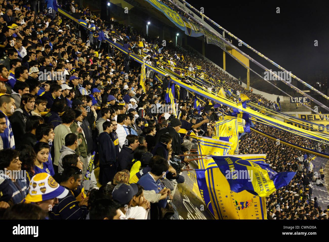 Football match of Boca Juniors at the Bombonera stadium, La Boca, Buenos Aires, Argentina. Stock Photo