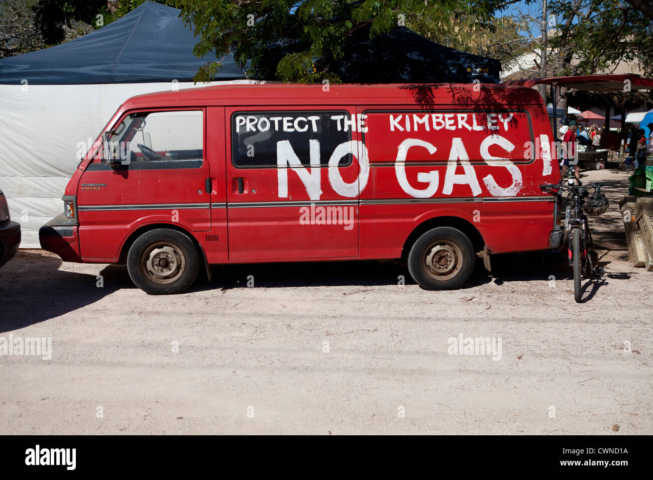 Van parked in Broome protesting the planned gas extraction in the Kimberley region of Western Australia. Stock Photo