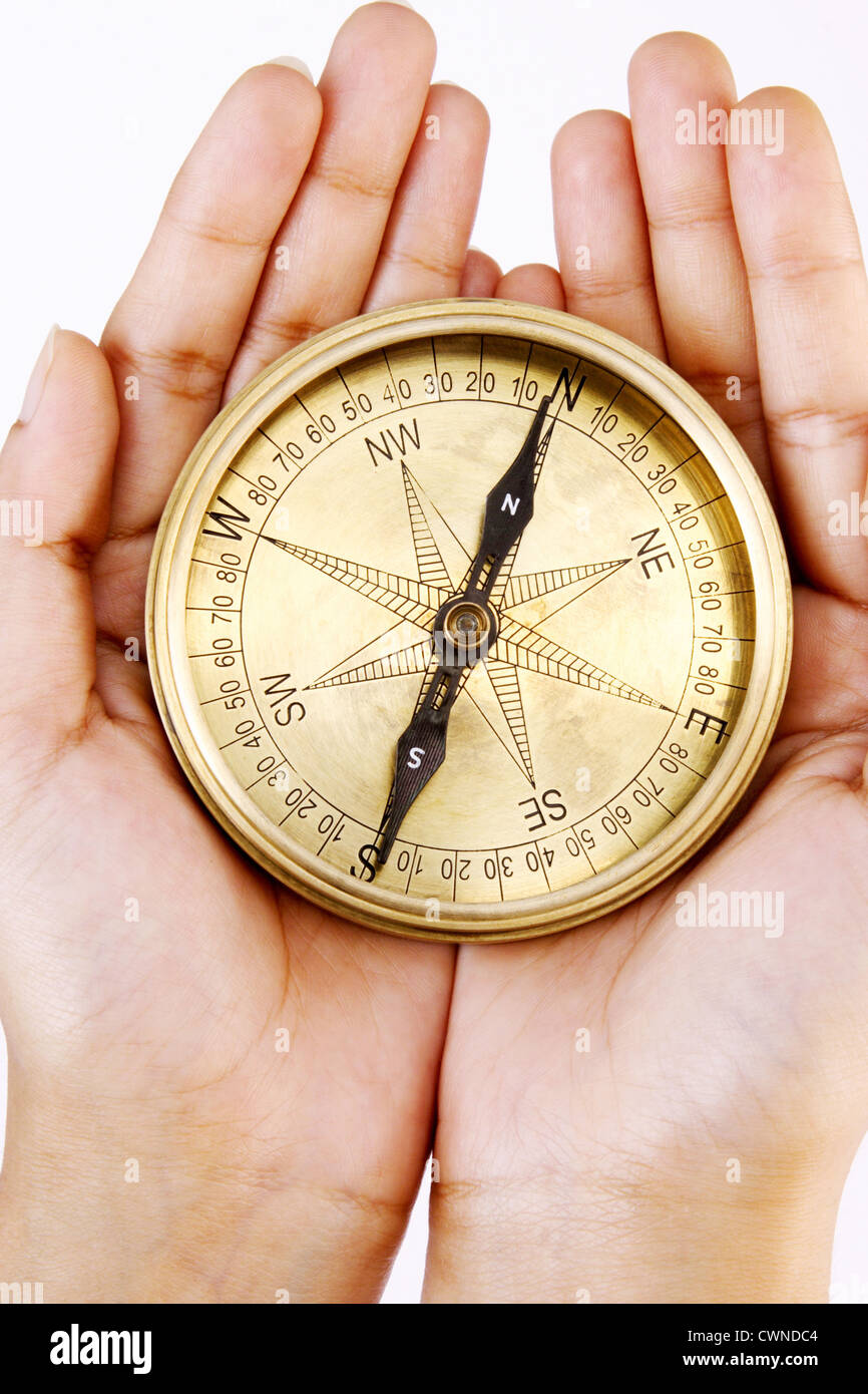 Old Navigational compass in the hands Stock Photo Alamy