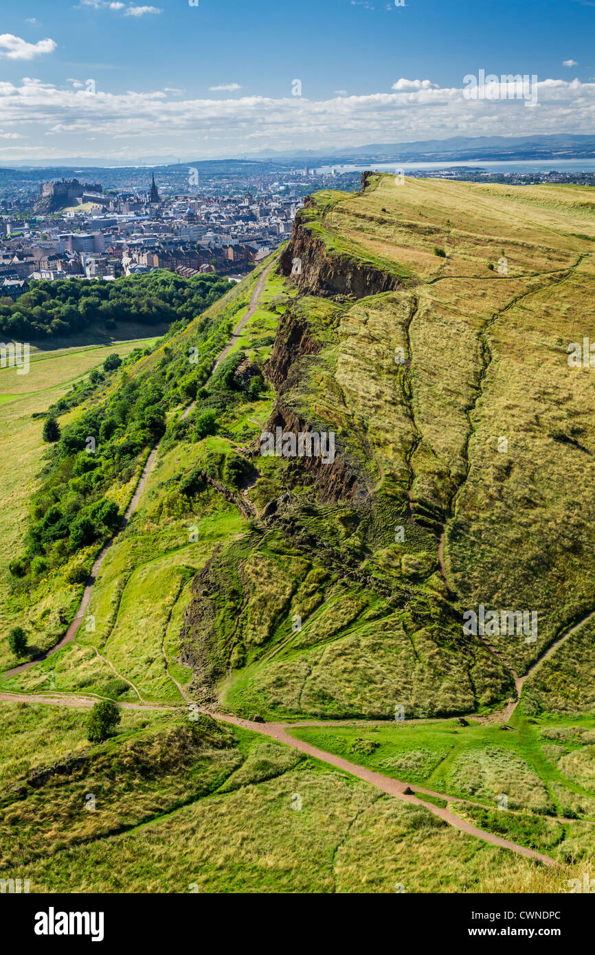 View of sunny Edinburgh from the top of Arthur Seats Stock Photo