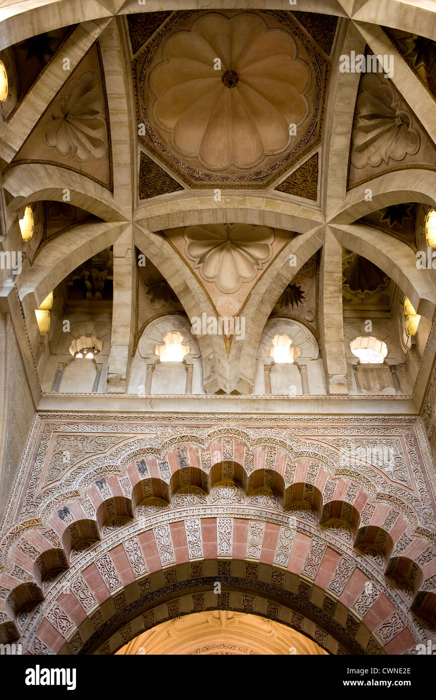 10th century ornate, Moorish vaulted ceiling of the Capilla de Villaviciosa in the Mezquita (Great Mosque), Andalusia, Spain Stock Photo