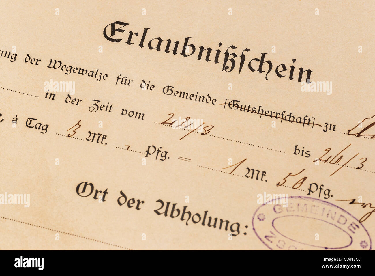 Detail photo of a old German permit from the year 1897 Stock Photo