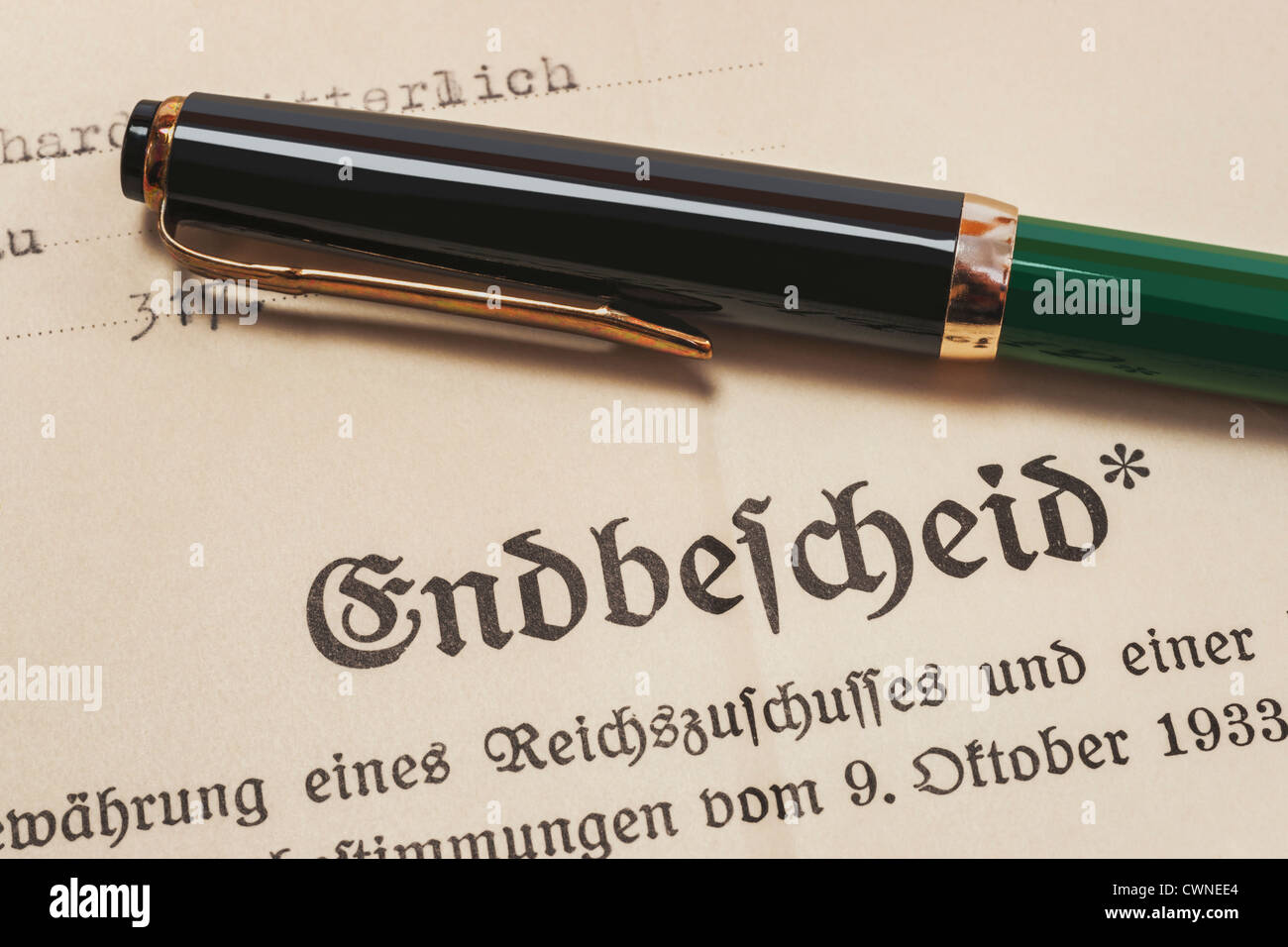 old German definite decision from the year 1933, a fountain pen is alongside Stock Photo