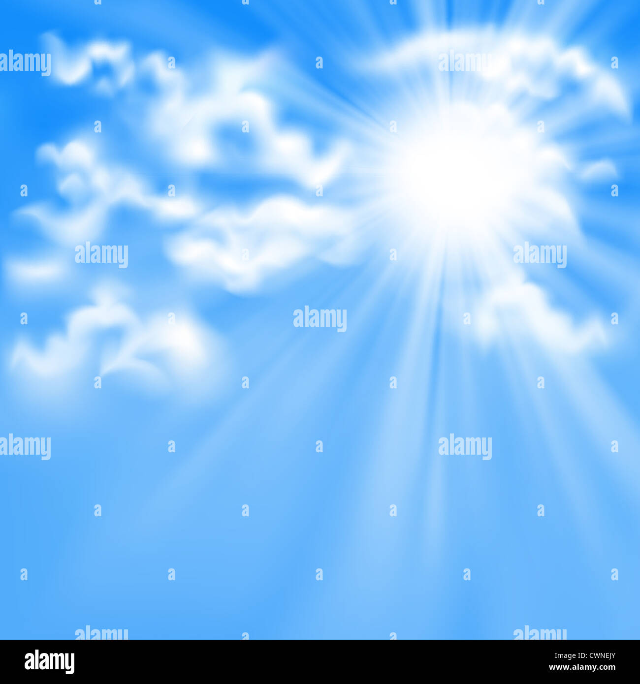 Background with a blue sky, sun and clouds Stock Photo - Alamy