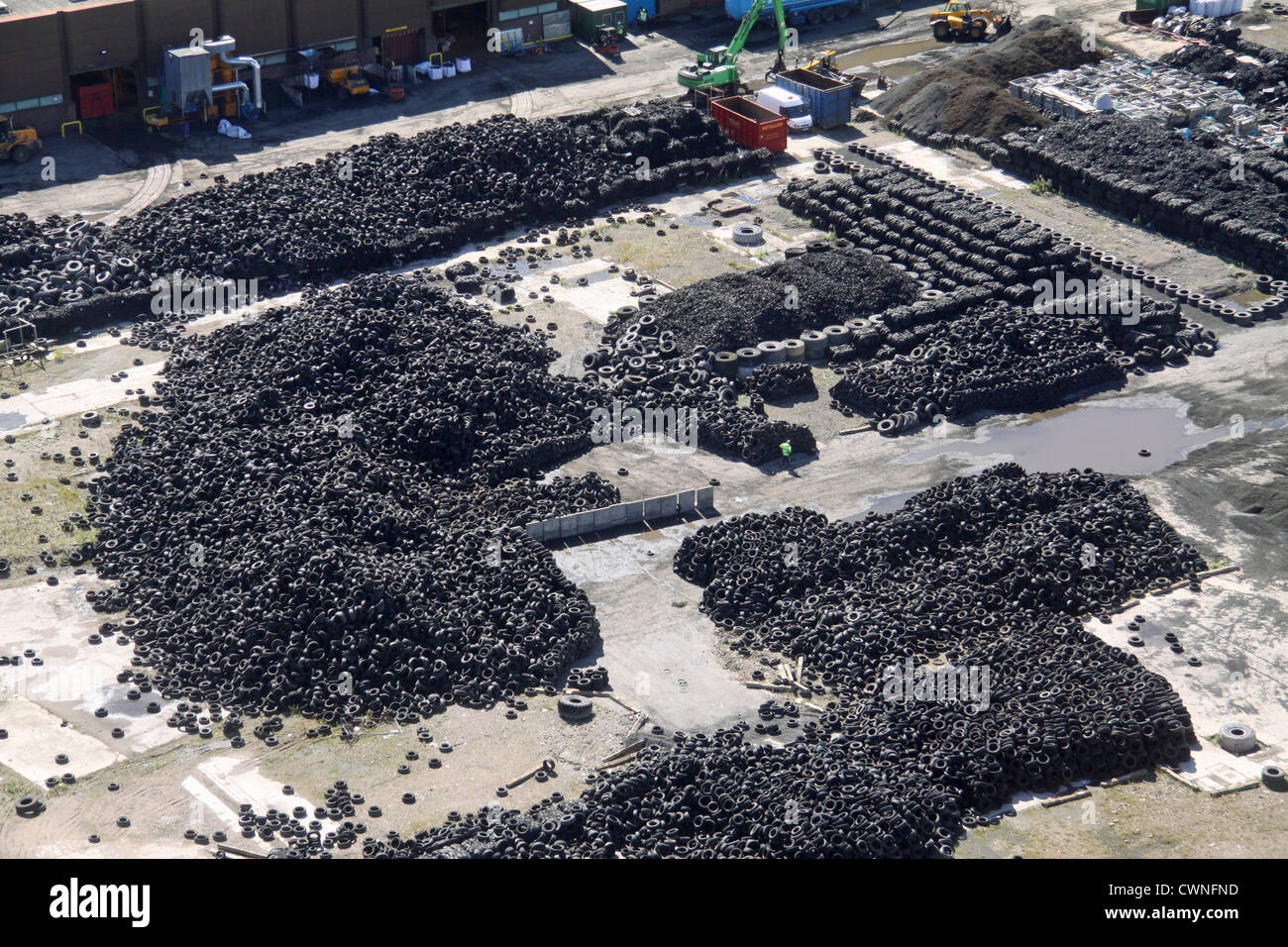 aerial view of a pile of car and other vehicle tyres tires Stock Photo